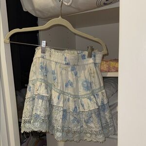 LoveShackFancy Blue and Cream Floral Mini Skirt